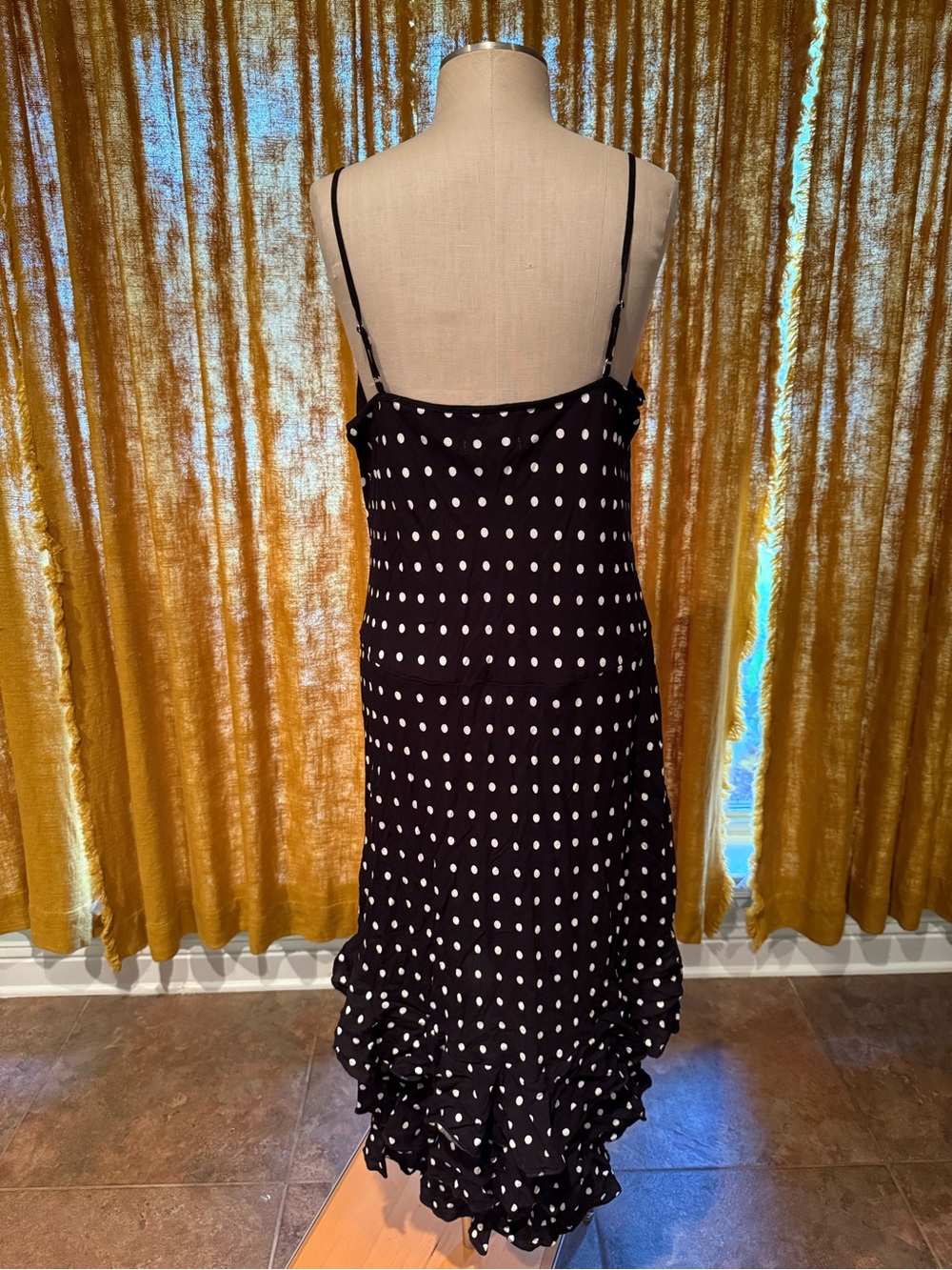 Betsey Johnson Black & White Polka Dot Midi Slip Dress with Ruffle Hem - Picture 4 of 6